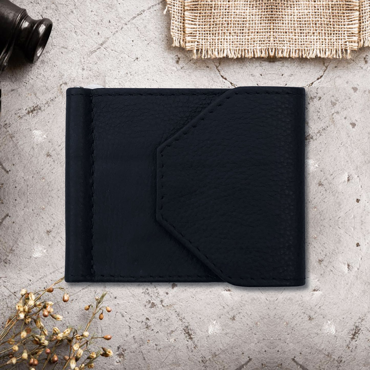 Multi-function black vegan leather wallet for men with card slots and money clip