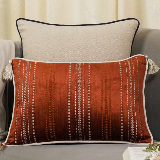 Joy Stitches Embroidery Slim Cushion Cover (Rust) - Preetier