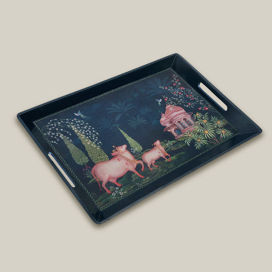 Wooden serving tray with blue accents and Pichwai artwork, durable wood serving tray with handles for serving tea, coffee, or snacks in style.