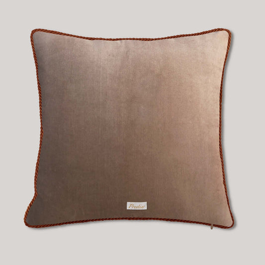 Handmade velvet cushion cover in soft earth tones featuring landscape floral embroidery, bohemian room accent pillow for elegant home decoration.