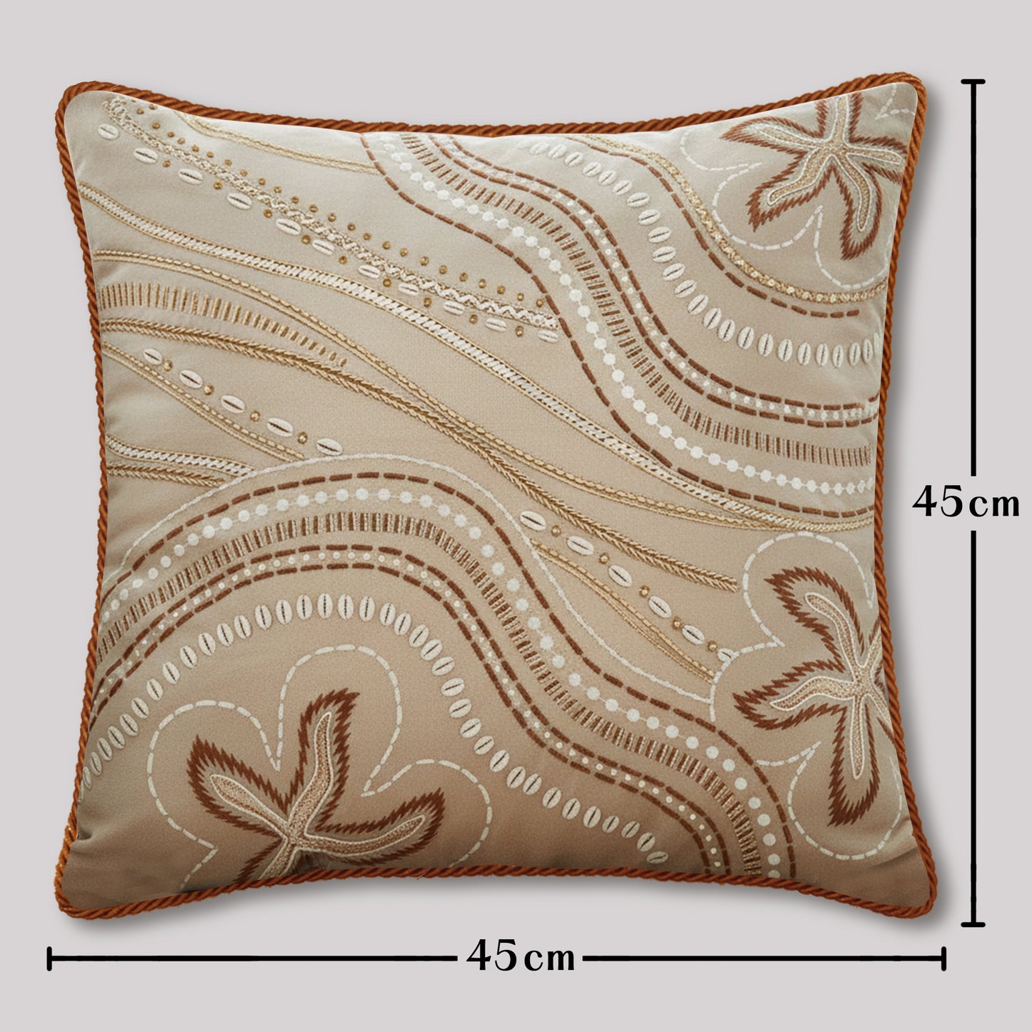 Nautical Cushion Cover Velvet Material Embroidered Starfish Motif Wave Pattern Design Beach Theme Decor Coastal Home Accent Premium Construction Quality Beige Brown Tones Rust Cord Trim Ocean Inspired Aesthetic Living Room Decoration Soft