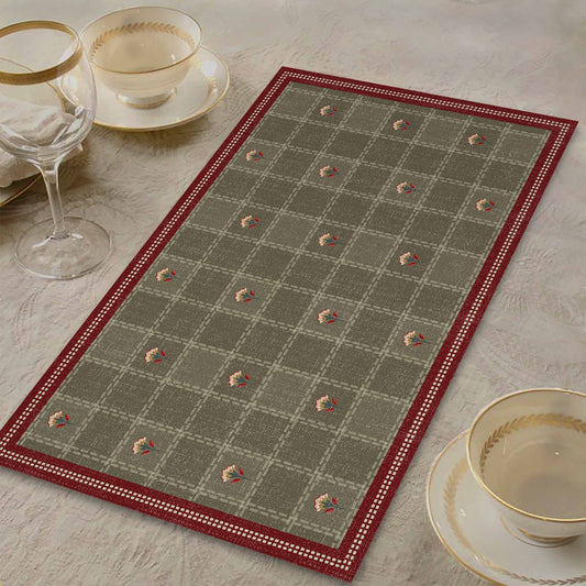Silsila Suzani table mat in elegant grey with red floral print and maroon border, perfect handcrafted dining table decor from Preetier