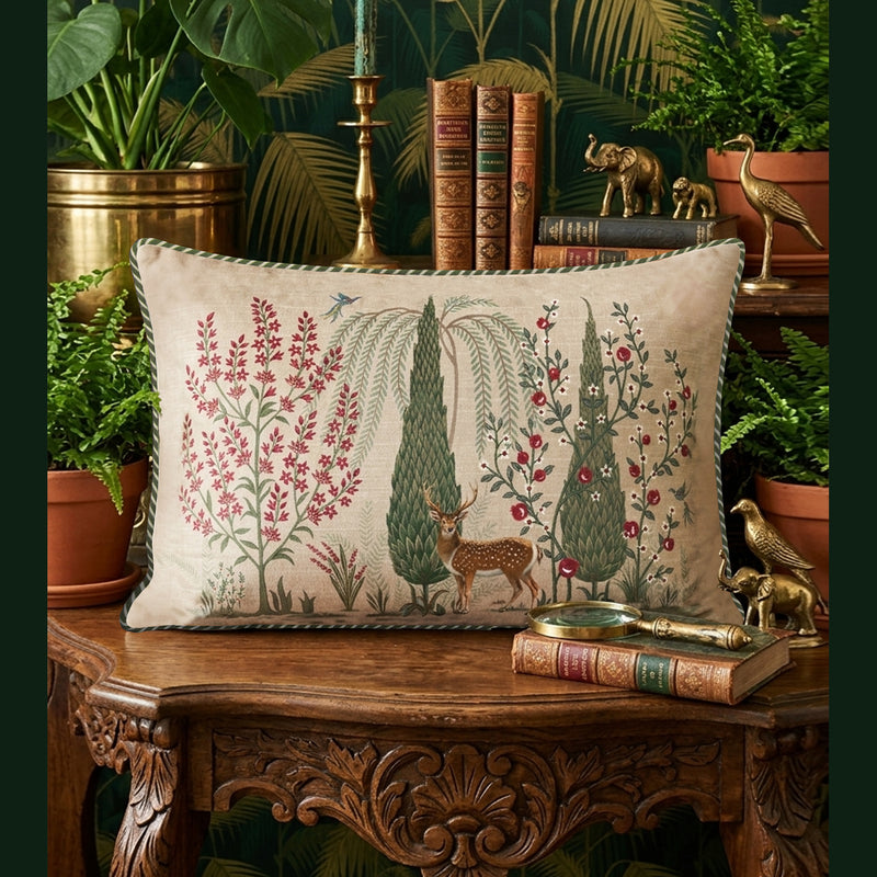 Deer and floral botanical print on a 14x20 luxury velvet lumbar cushion cover.