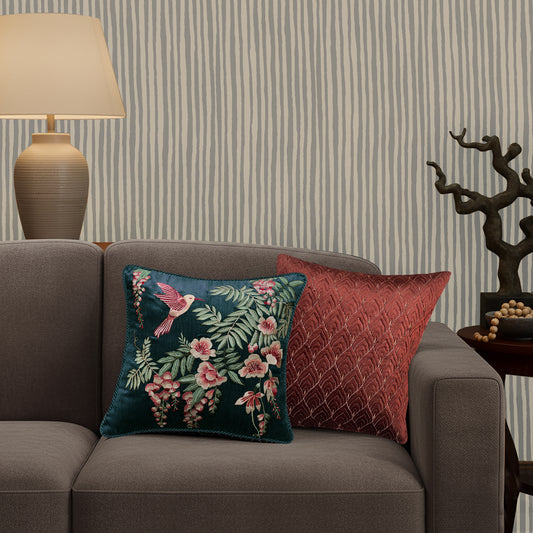 Symphony of Songbird Embroidery Cushion Cover - Teal Blue