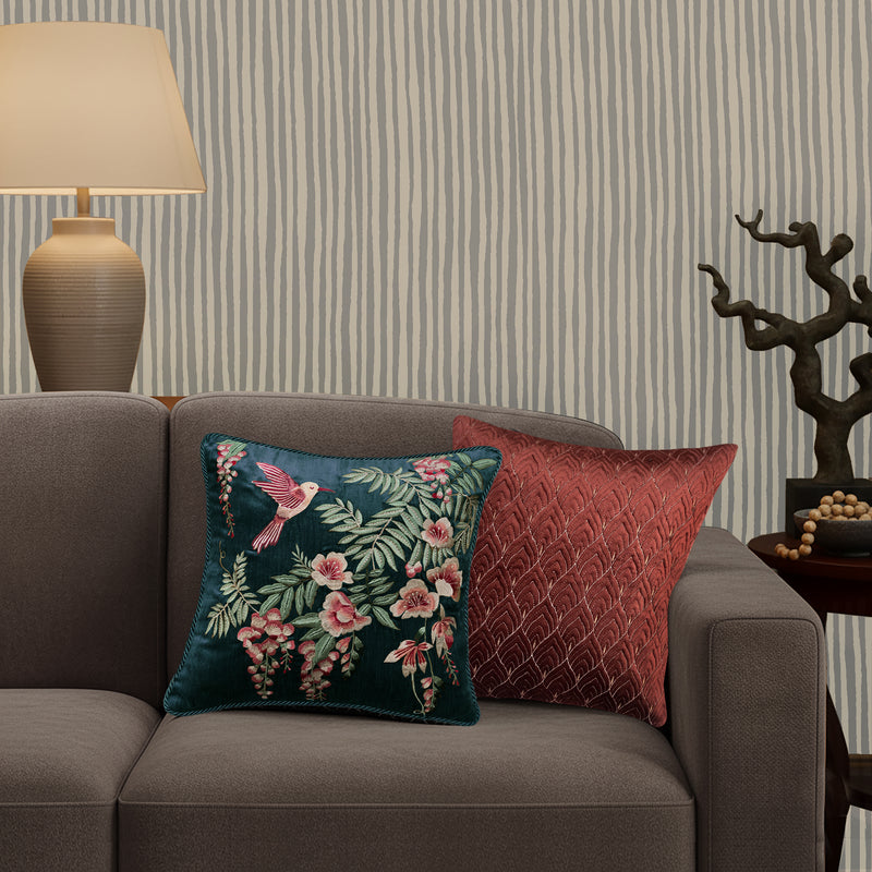 Symphony of Songbird Embroidery Cushion Cover - Teal Blue