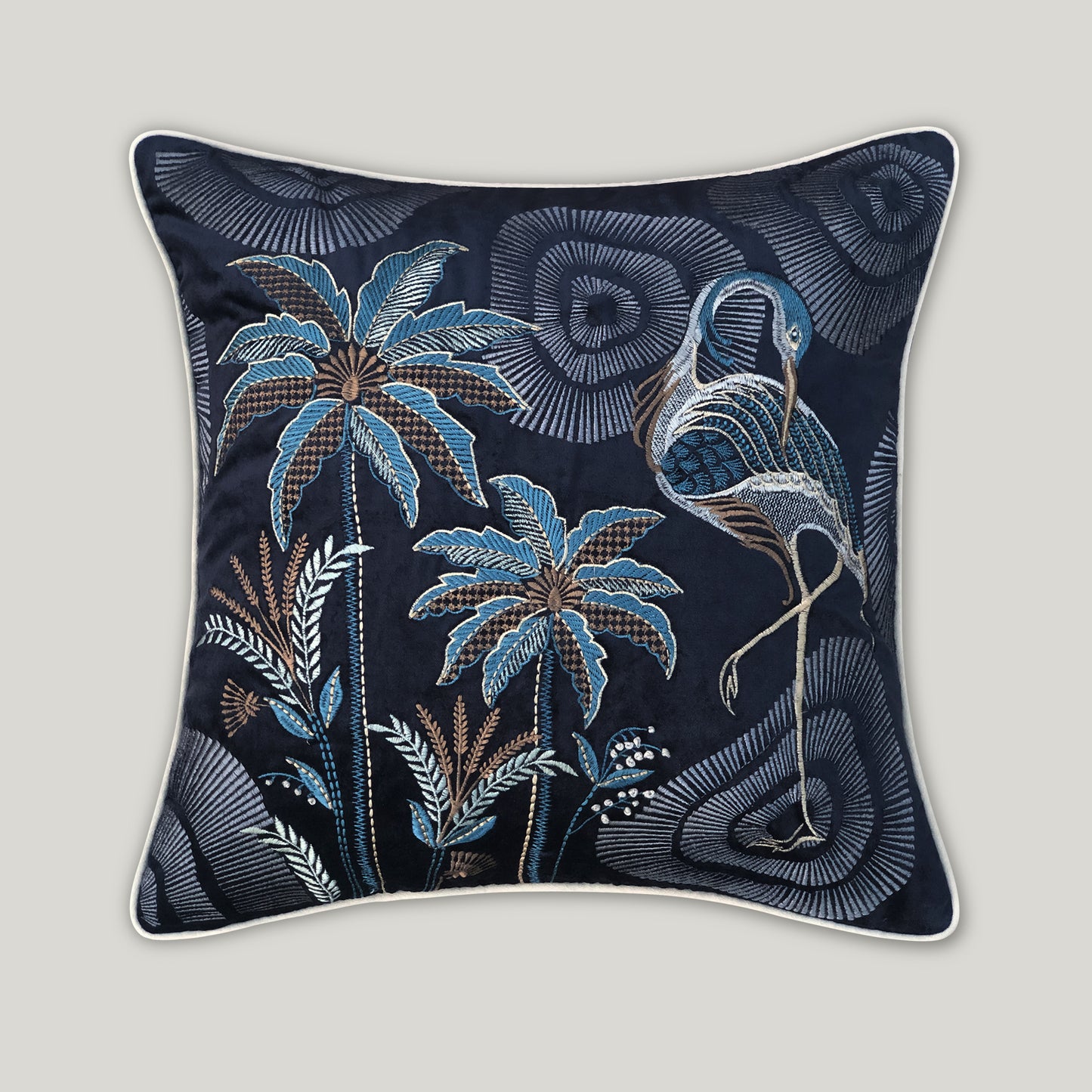 Palmettos & Plumage Embroidery Cushion Cover - Blue