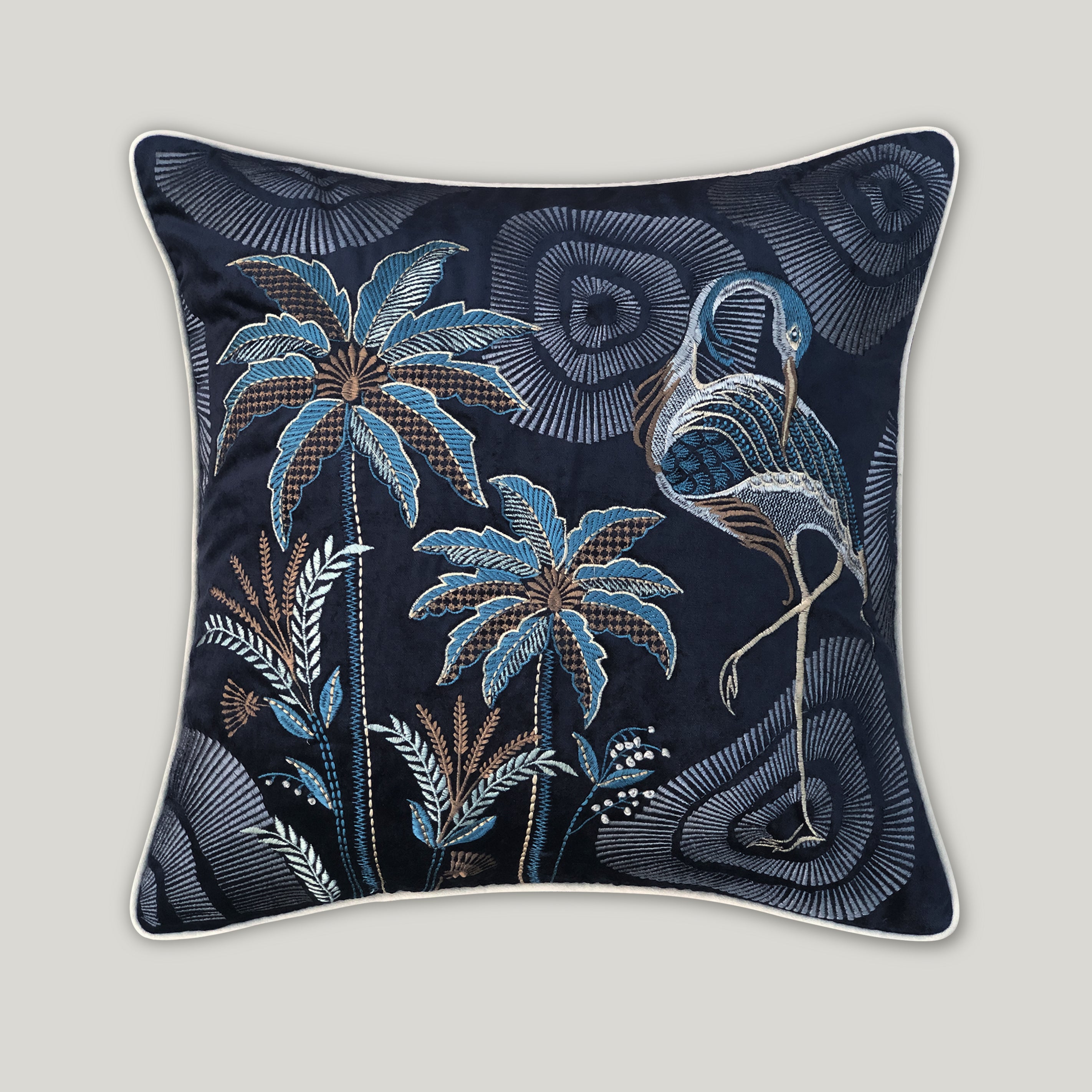 Palmettos & Plumage Embroidery Cushion Cover - Blue