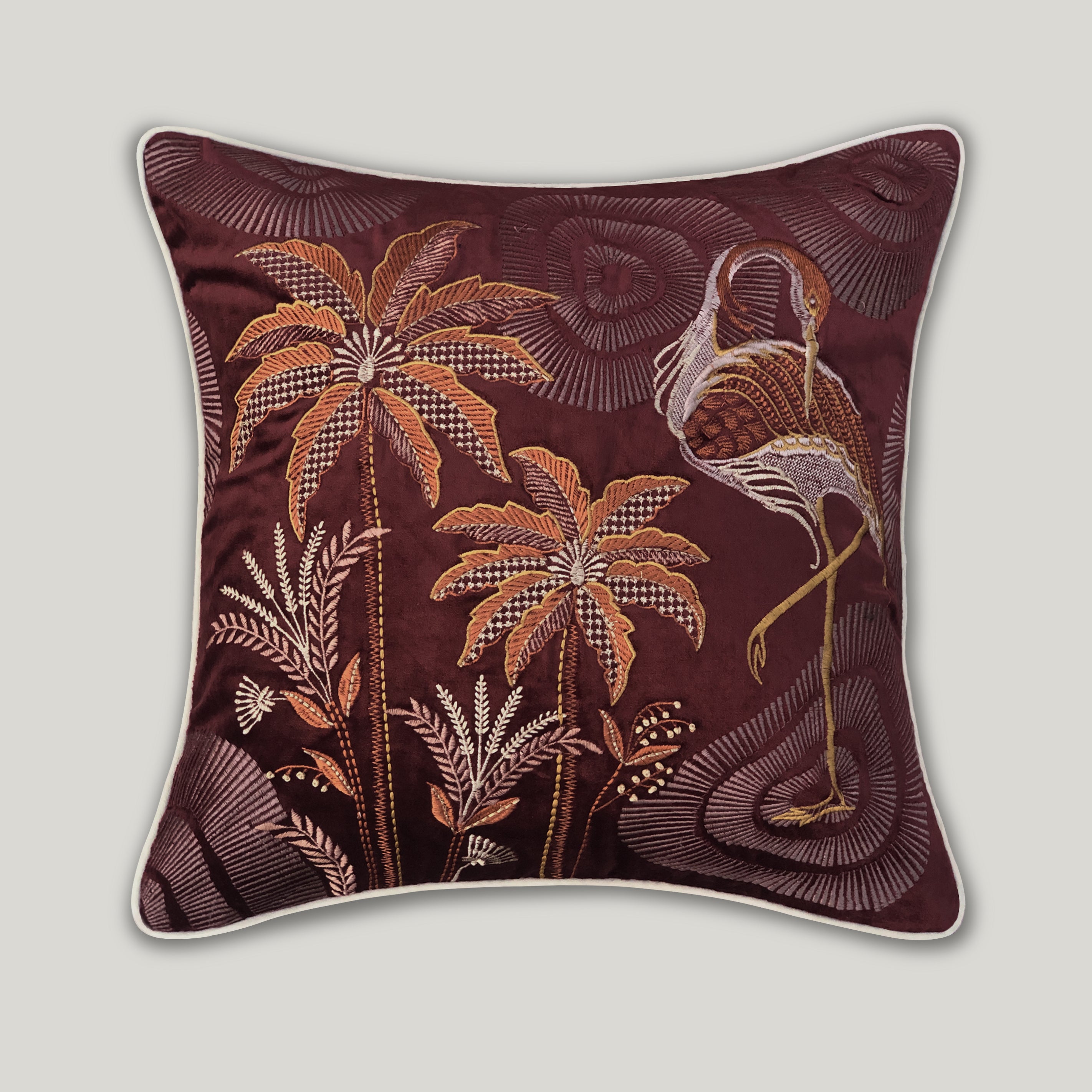 Palmettos & Plumage Embroidery Cushion Cover - Brown