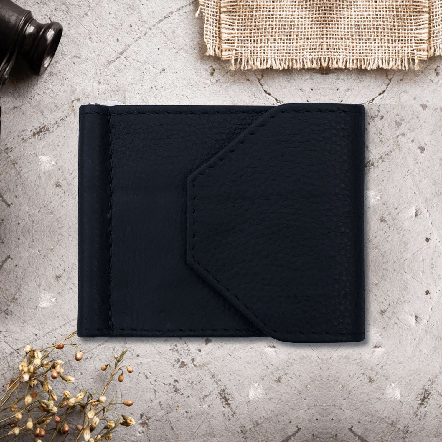 Multi-function black vegan leather wallet for men with card slots and money clip