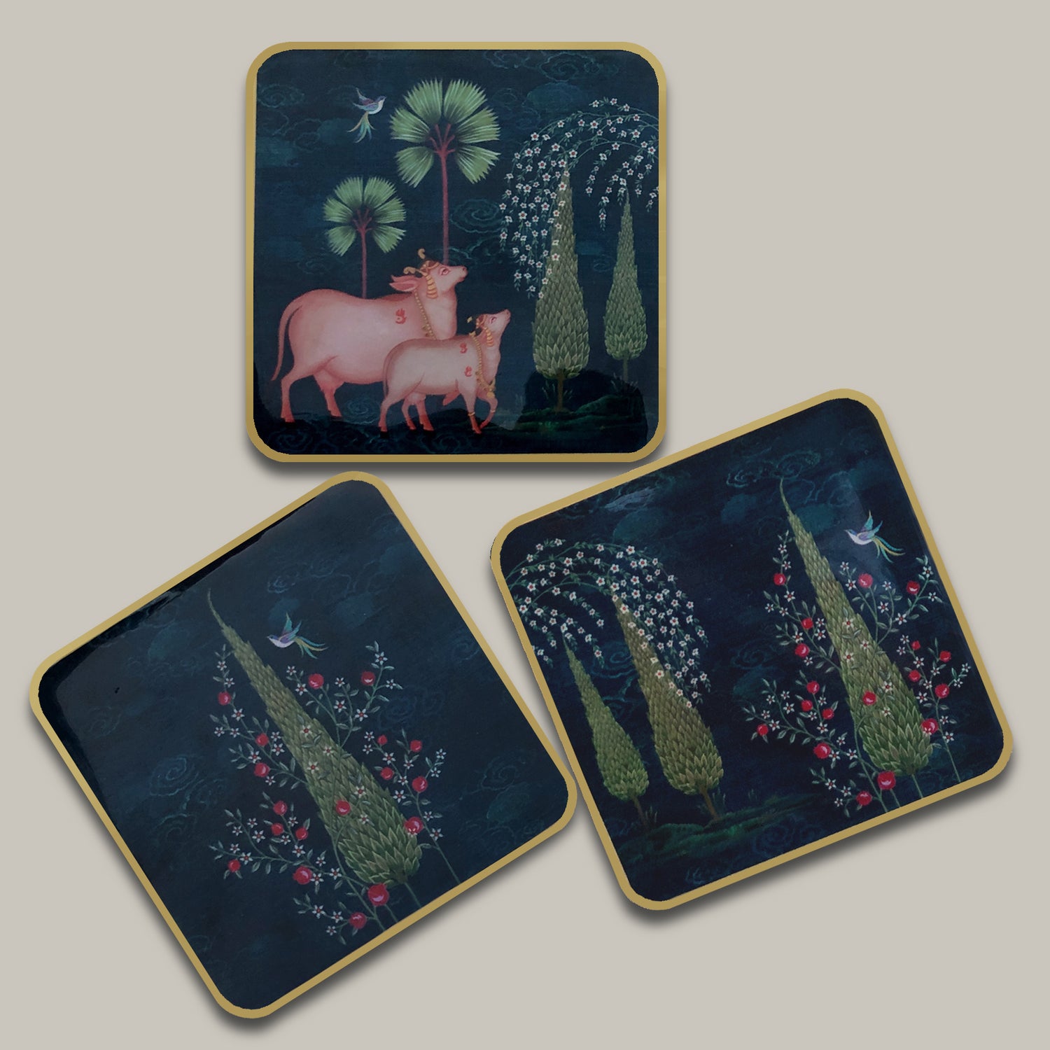 Handcrafted Pichwai wooden coaster set of 6 with matching stand, round 4-inch coasters for tea cups, coffee mugs, and dining table décor.