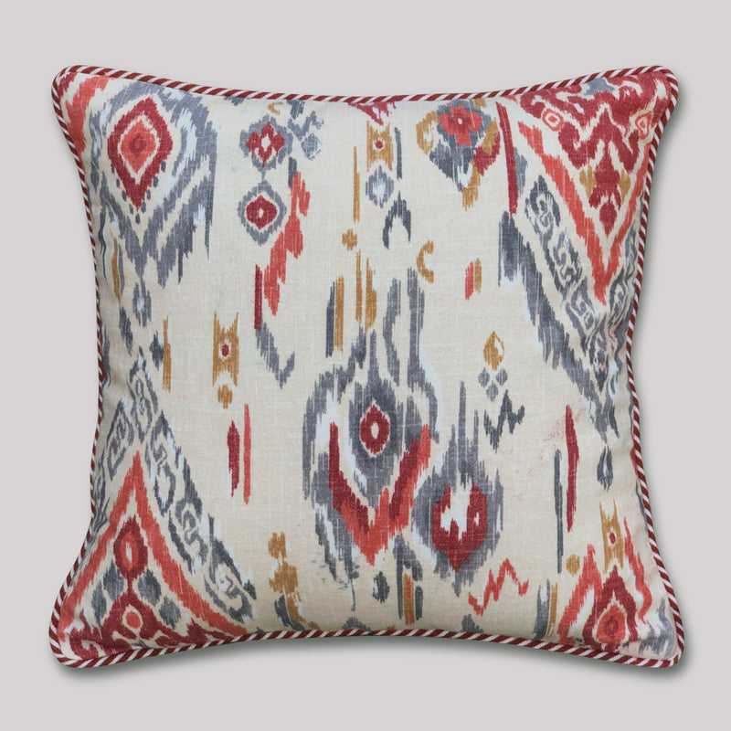 Handcrafted Beige Ikat Cushion Cover with Red and Grey Patterns – Decorative Sofa Pillow
