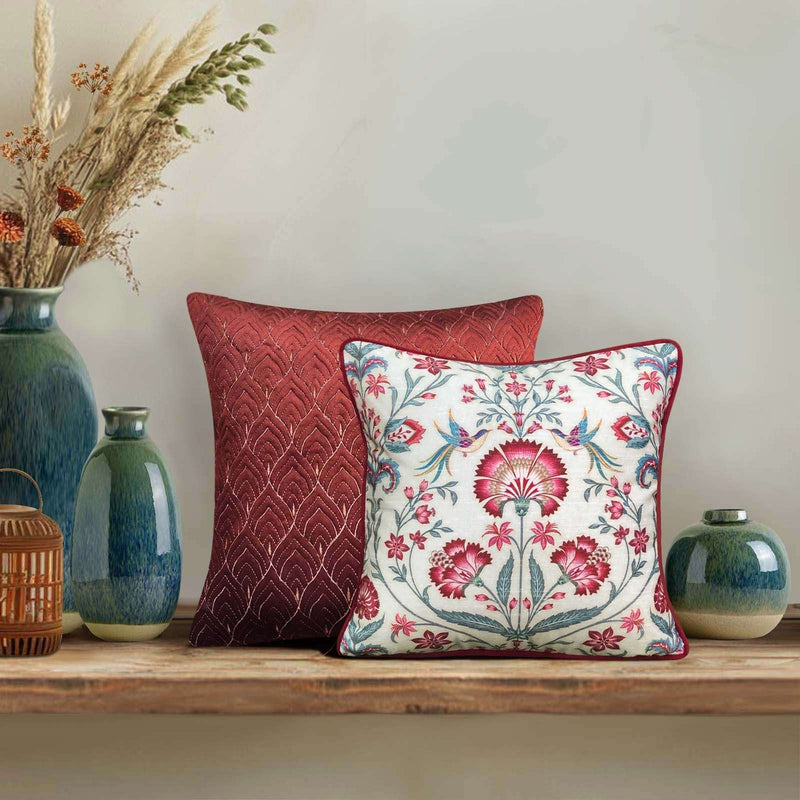 Luxury Buta floral and bird design cushion cover in soft ivory base – handcrafted elegance for your sofa or bed.