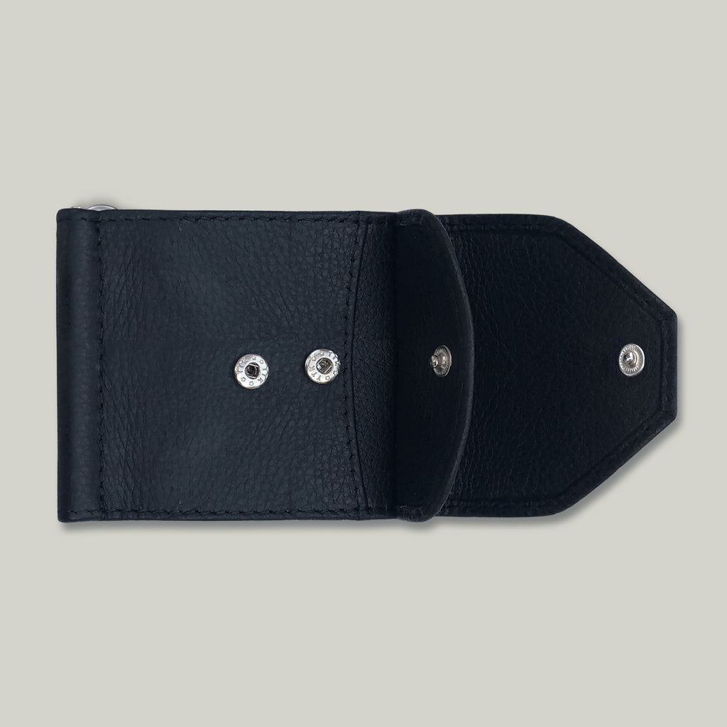 Black leather wallet with silver buttons on a light gray background