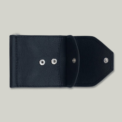 Black leather wallet with silver buttons on a light gray background