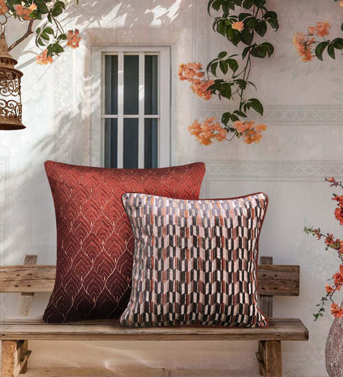 Edo Shadows Japanese geometric cushion cover in grey and rust tones for modern luxury home decor