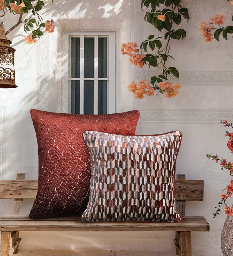 Edo Shadows Japanese geometric cushion cover in grey and rust tones for modern luxury home decor