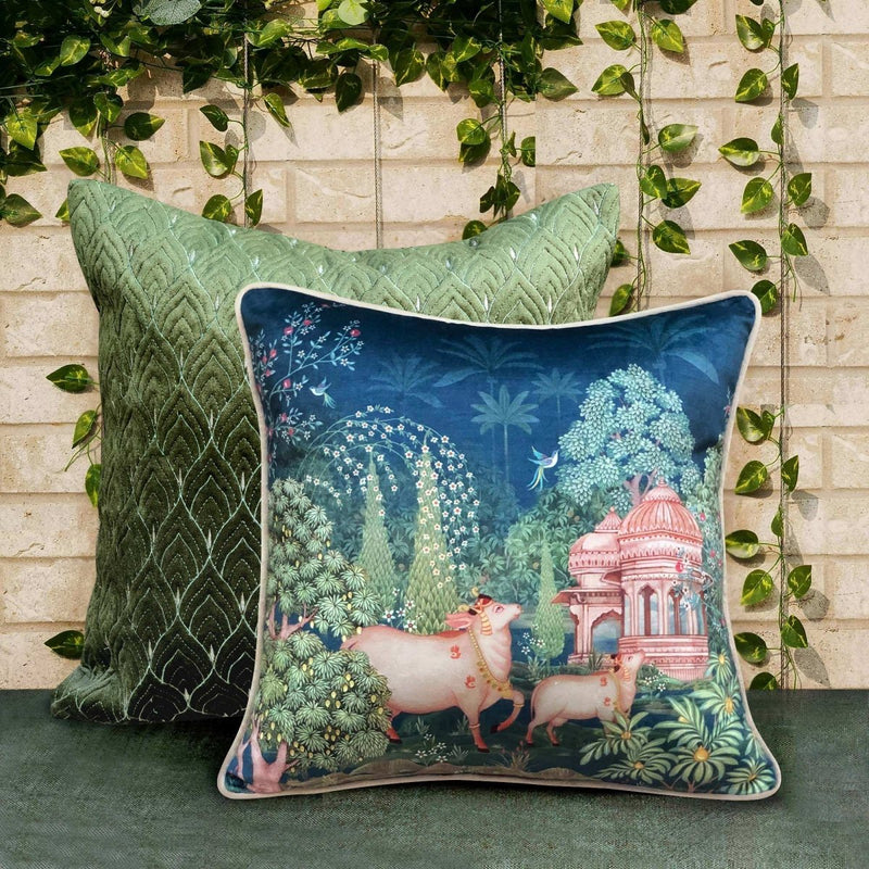 Preetier Pichwai printed cushion cover, artisan decorative pillow for luxury Indian home decor and living room styling