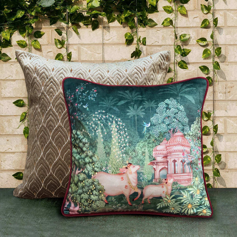 Preetier Pichwai Cushion Cover – Green Devotion