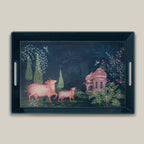 Handcrafted wooden serving tray with handles featuring Pichwai art in blue accents, perfect as a decorative wood serving tray for home or gifting.