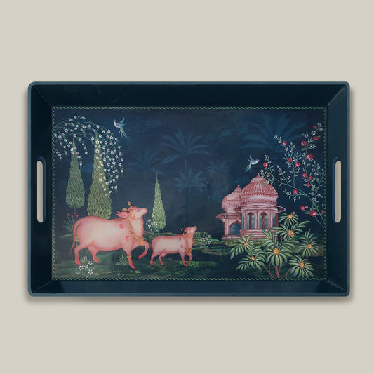 Handcrafted wooden serving tray with handles featuring Pichwai art in blue accents, perfect as a decorative wood serving tray for home or gifting.