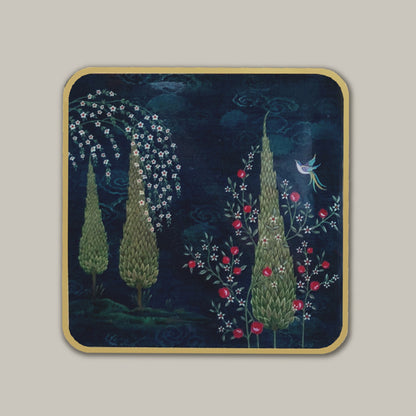 Beautiful round wooden coasters with Pichwai artwork, smooth edges and durable finish, premium coaster set for tea and coffee cups.