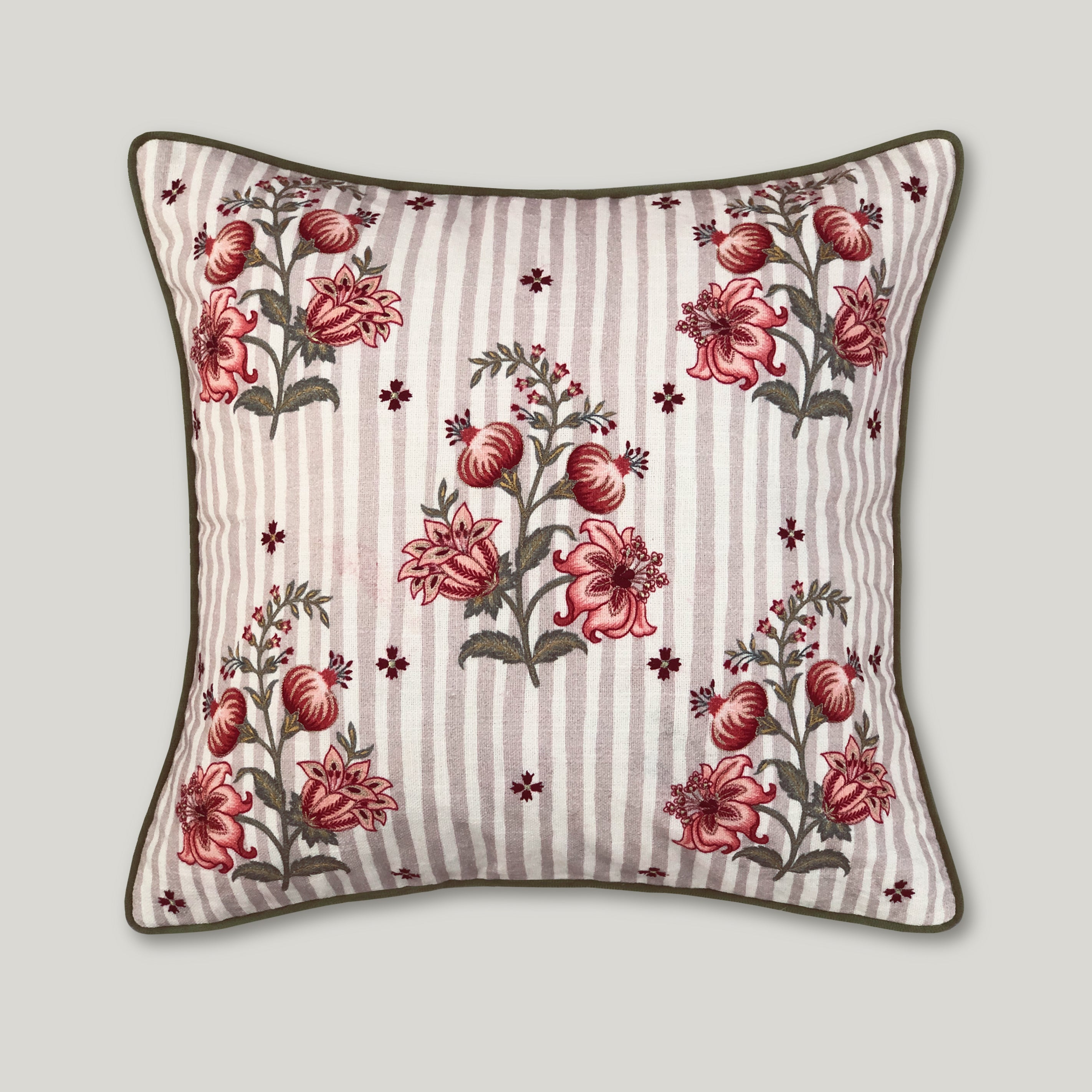 Beige cotton cushion cover featuring intricate, hand-embellished pomegranate embroidery in rich, traditional motifs for a regal heritage aesthetic.