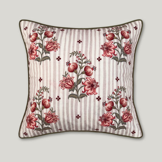 Beige cotton cushion cover featuring intricate, hand-embellished pomegranate embroidery in rich, traditional motifs for a regal heritage aesthetic.