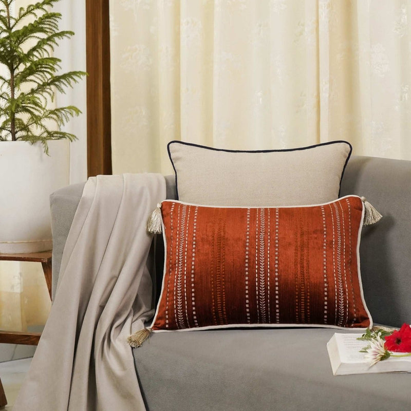 Joy Stitches Embroidery Slim Cushion Cover (Rust) - Preetier