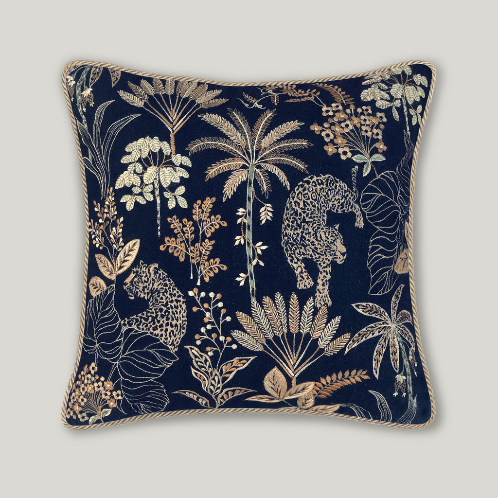 Selva Embroidery Cushion Cover in deep blue velvet, featuring intricate decorative stitching on a square throw pillow for living room decor