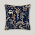 Selva Embroidery Cushion Cover in deep blue velvet, featuring intricate decorative stitching on a square throw pillow for living room decor