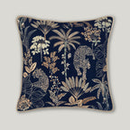 Selva Embroidery Cushion Cover in deep blue velvet, featuring intricate decorative stitching on a square throw pillow for living room decor