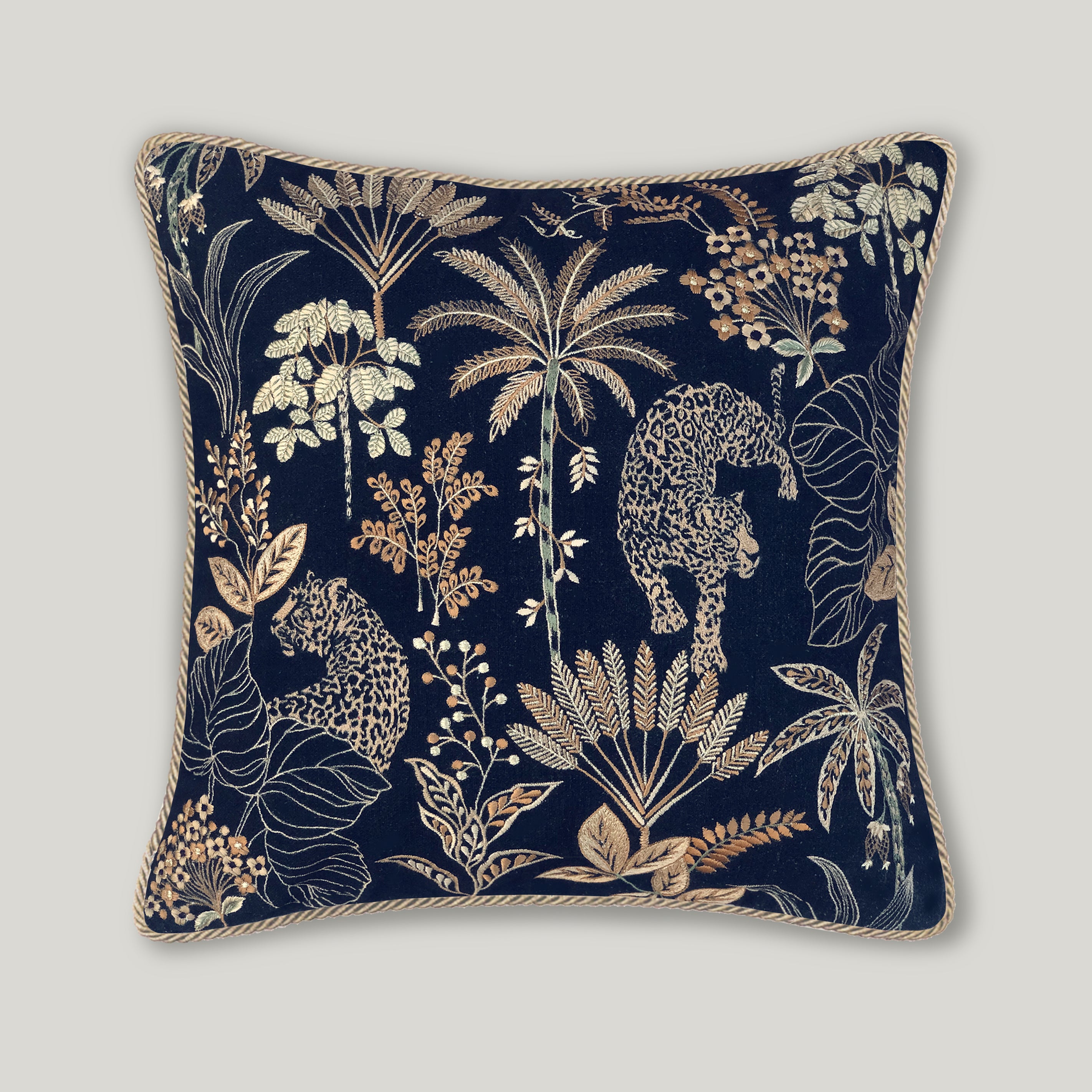 Selva Embroidery Cushion Cover in deep blue velvet, featuring intricate decorative stitching on a square throw pillow for living room decor