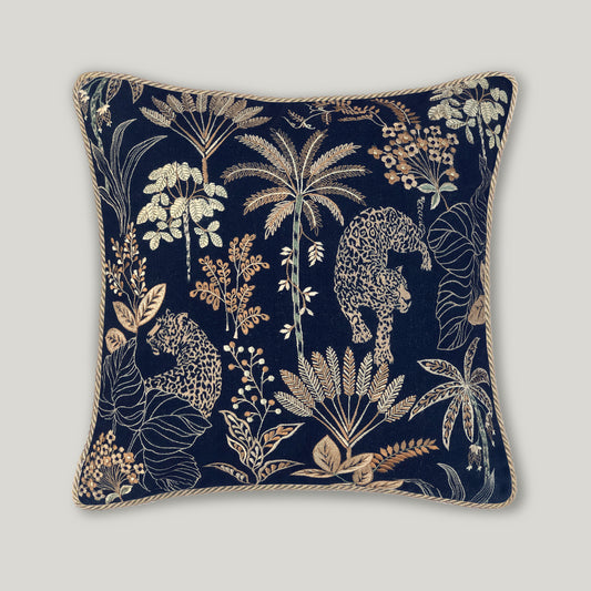 Selva Embroidery Cushion Cover in deep blue velvet, featuring intricate decorative stitching on a square throw pillow for living room decor