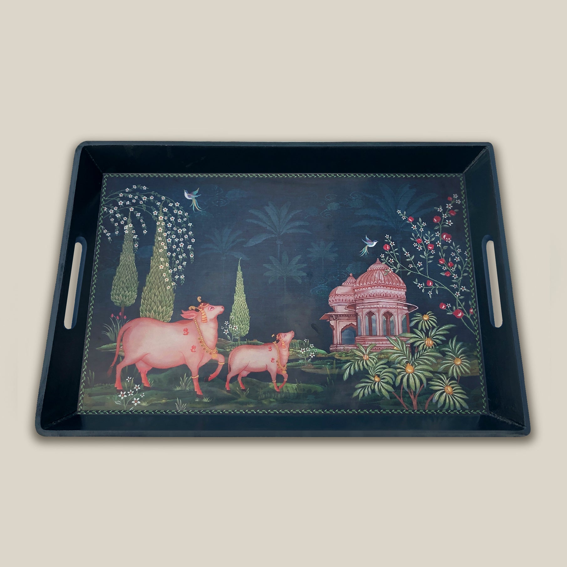 Luxury wood serving tray with handles, showcasing traditional Pichwai design, ideal decorative serving tray for entertaining and home décor.
