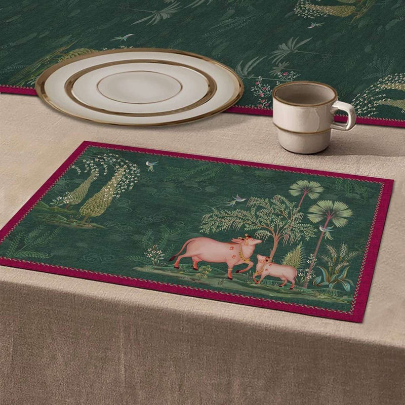 Pichwai Nathdwara Table Mat - Green (set of 2) - Preetier