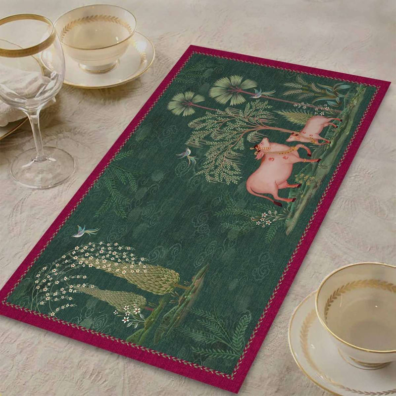 Pichwai Nathdwara Table Mat - Green (set of 2) - Preetier