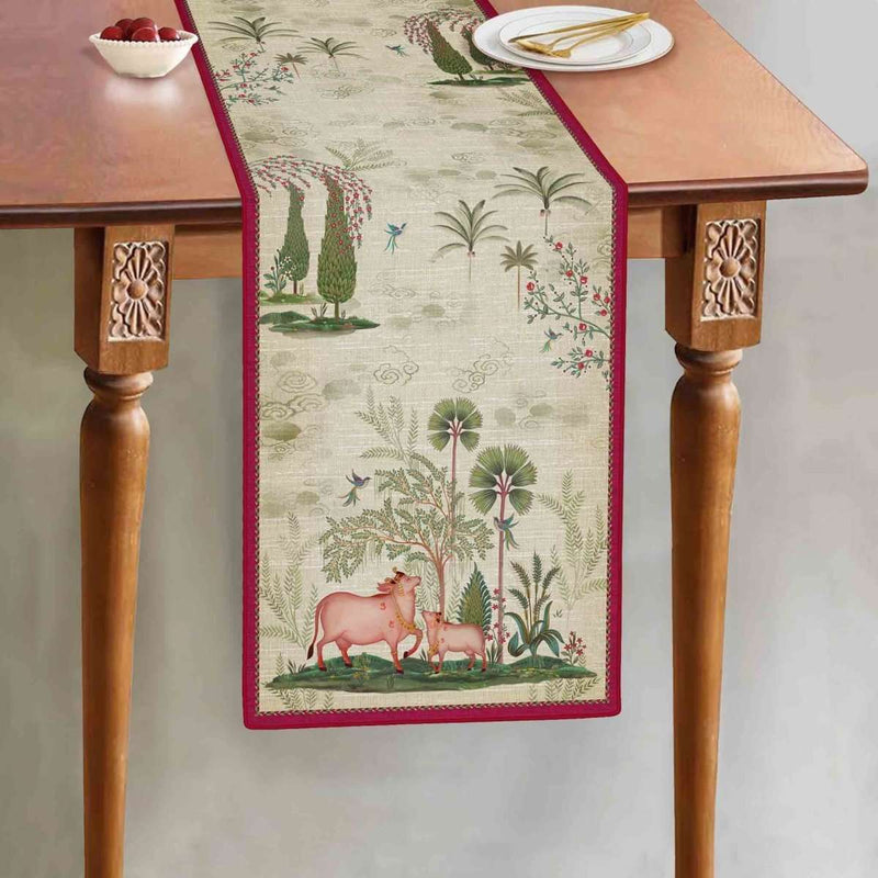 Pichwai Nathdwara Table Runner - Beige - Preetier