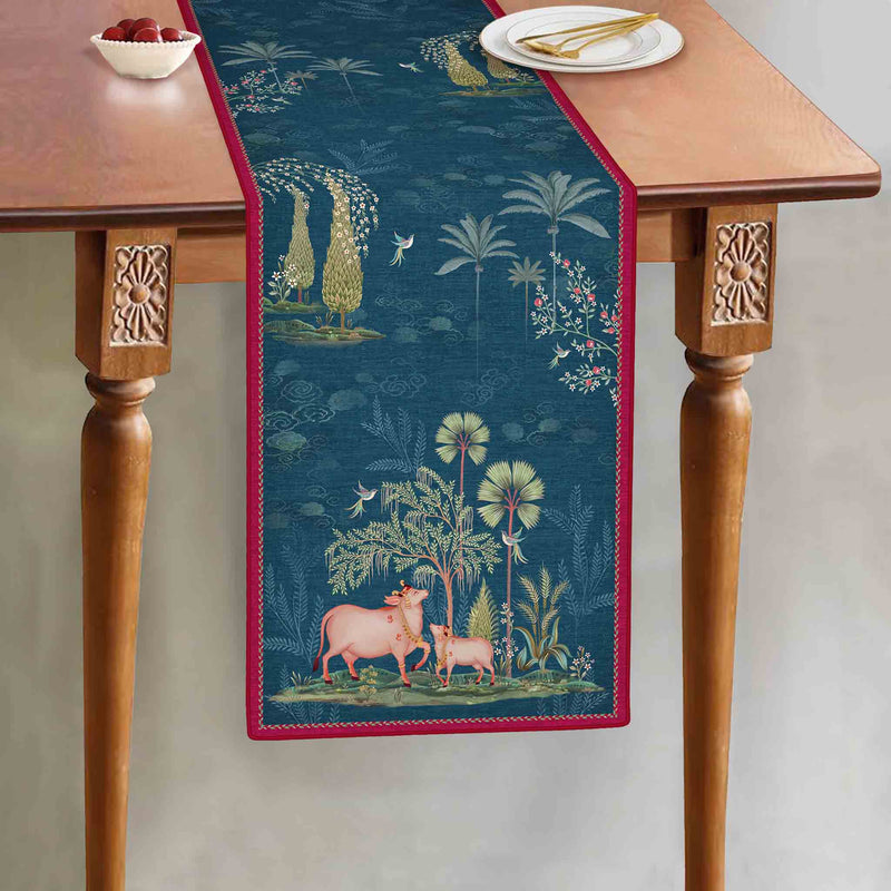 Pichwai Nathdwara Table Runner - Aqua