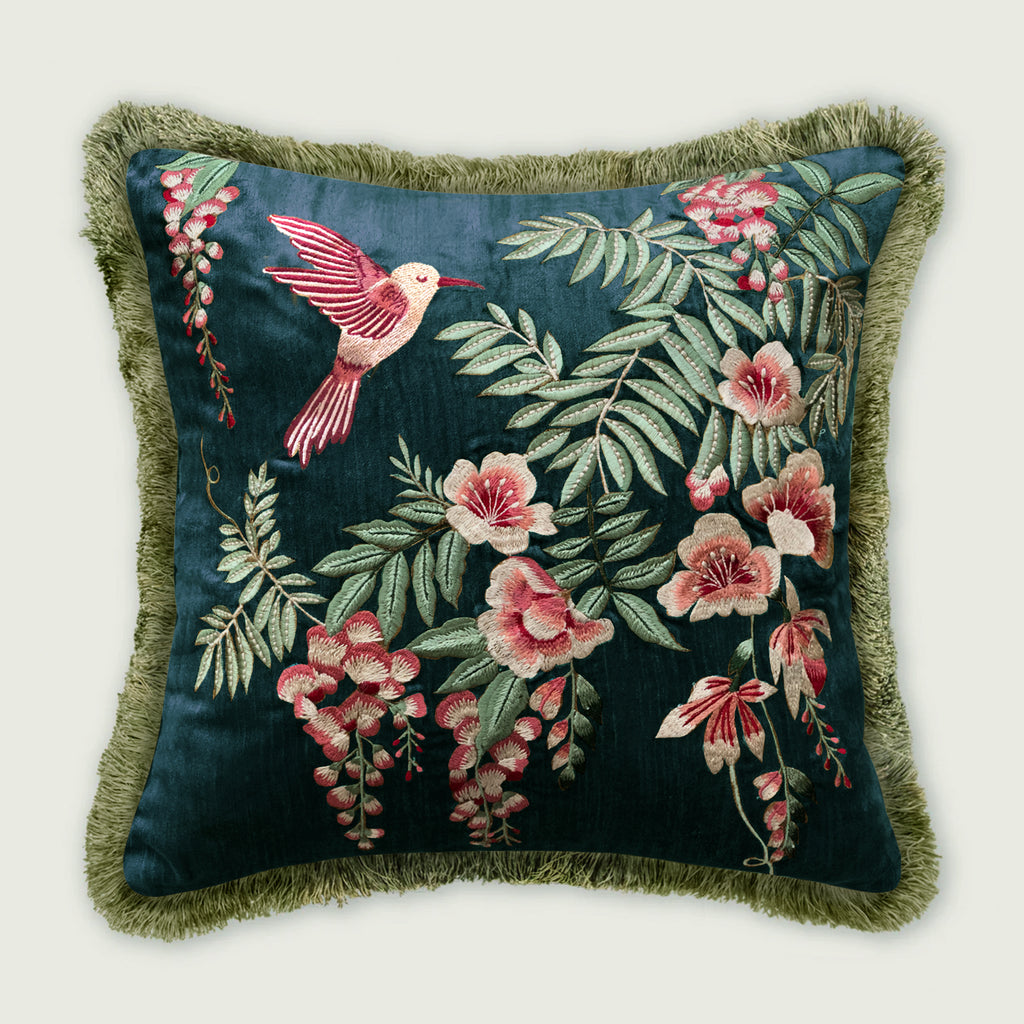 Symphony of Songbird Embroidery Cushion Cover - Teal Blue
