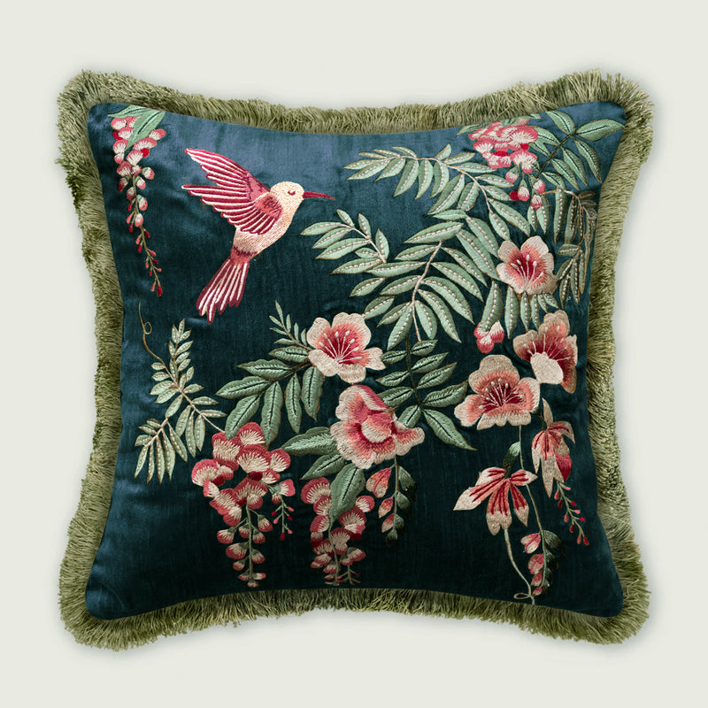 Symphony of Songbird Embroidery Cushion Cover - Teal Blue