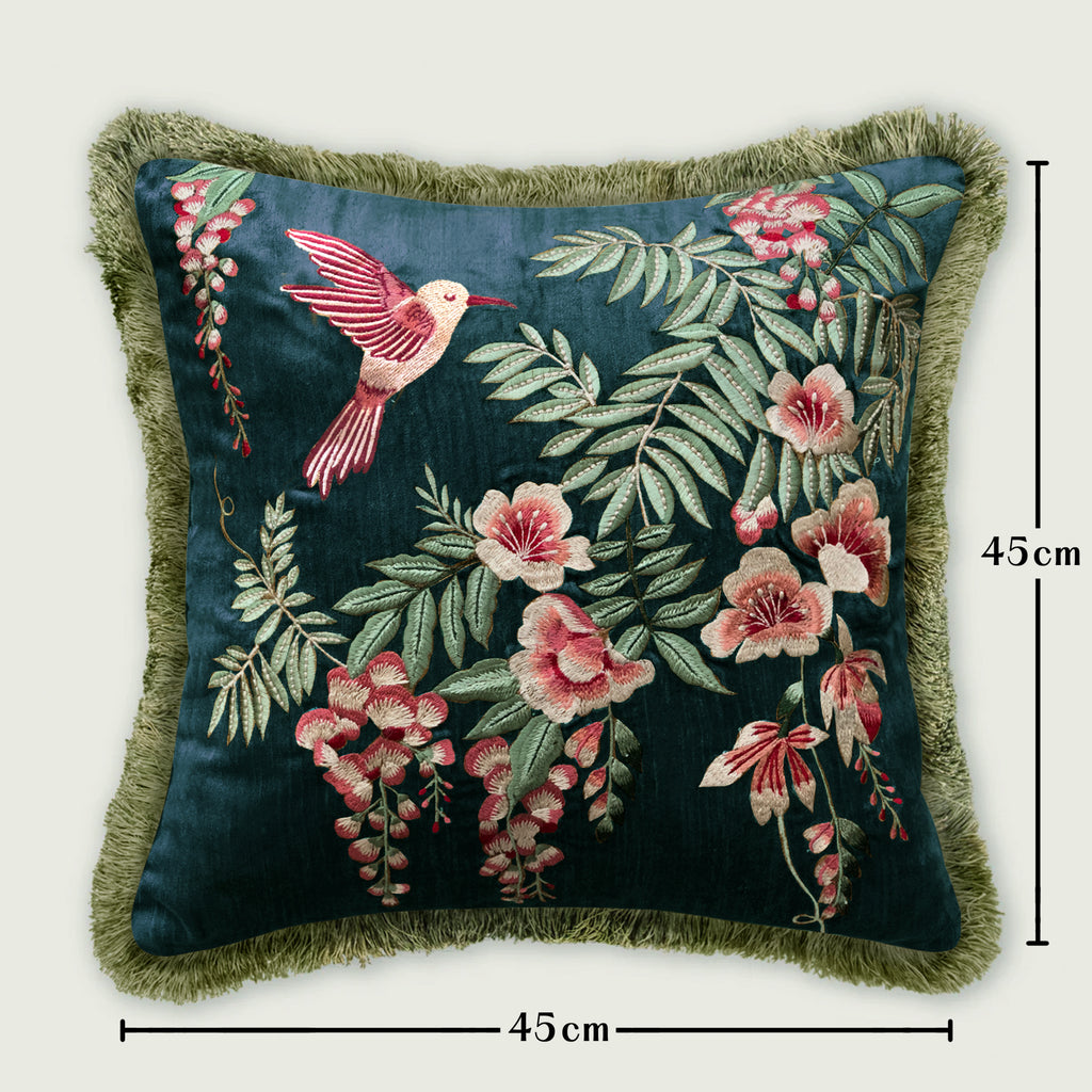 Symphony of Songbird Embroidery Cushion Cover - Teal Blue