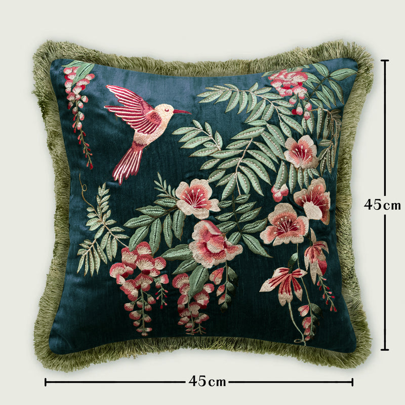 Symphony of Songbird Embroidery Cushion Cover - Teal Blue