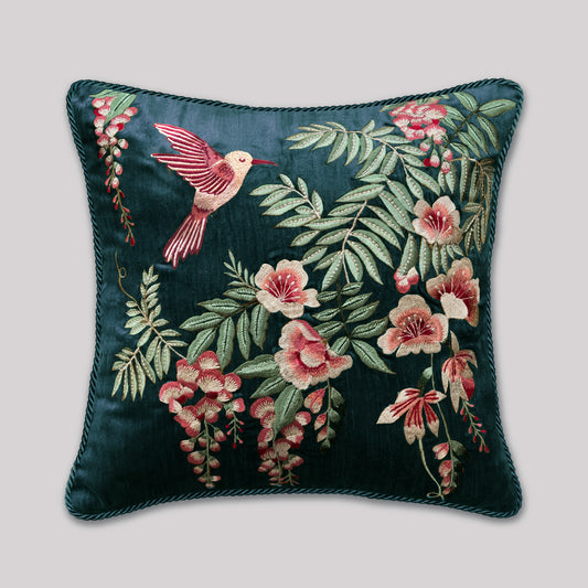 Symphony of Songbird Embroidery Cushion Cover - Teal Blue