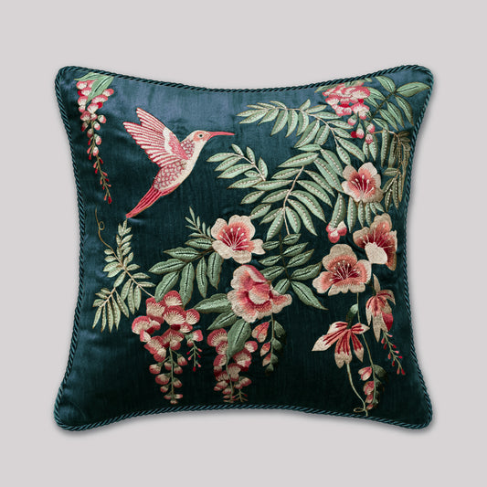 Symphony of Songbird Embroidery Cushion Cover - Teal Blue