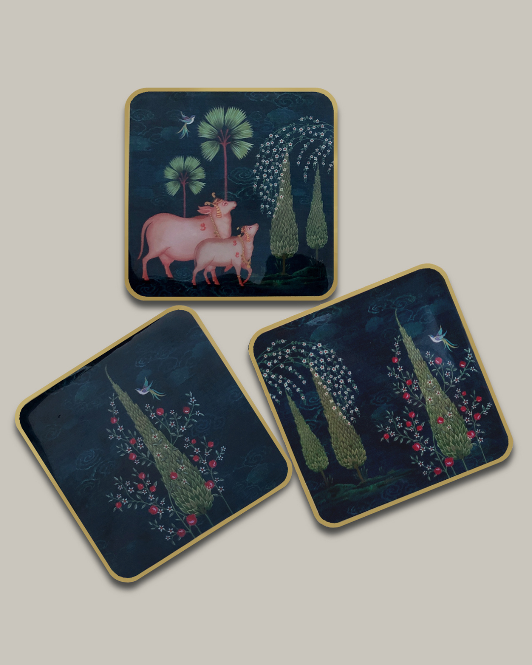 Pichwai Wooden Coasters Set of 6 with Stand