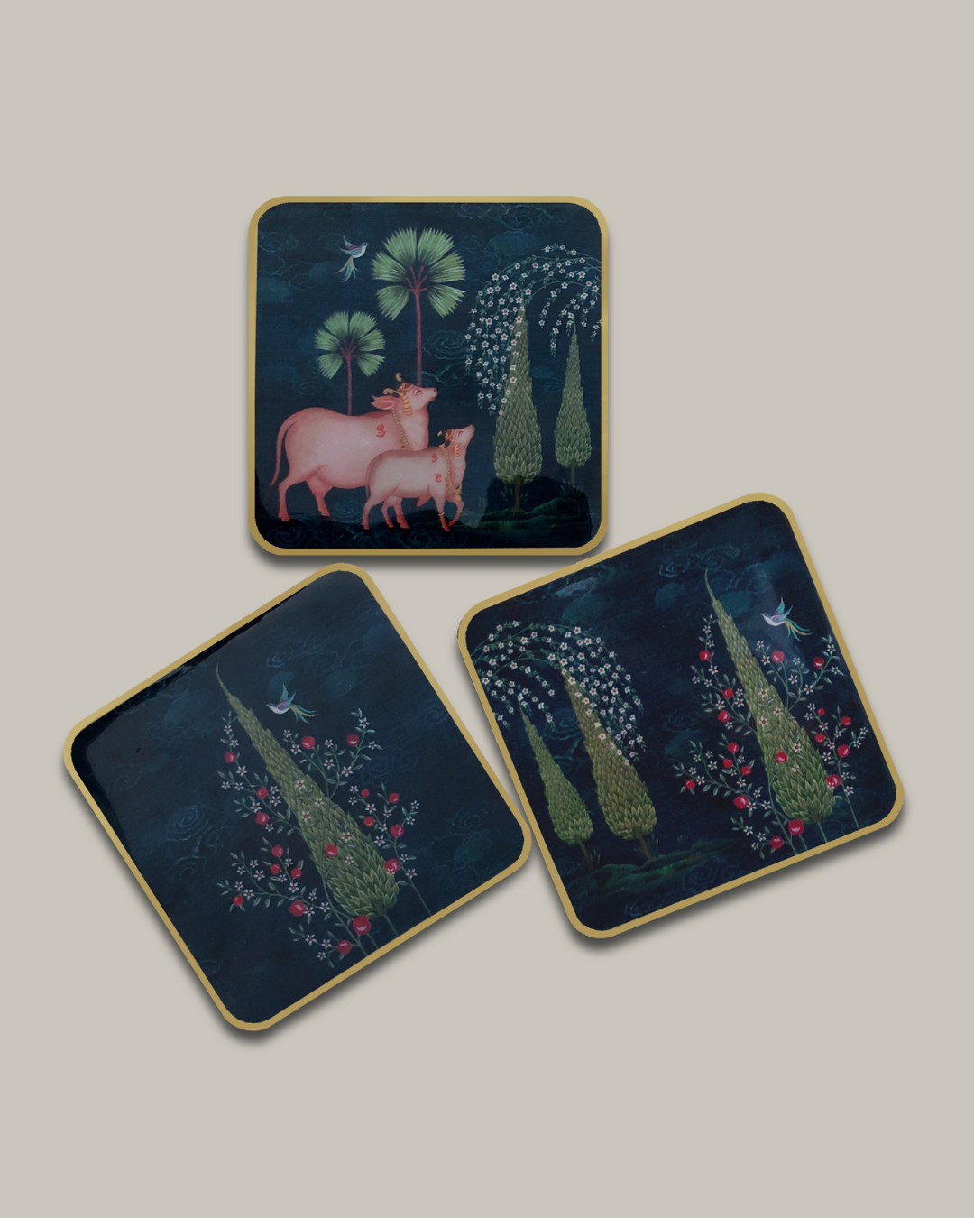 Pichwai Wooden Coasters Set of 6 with Stand