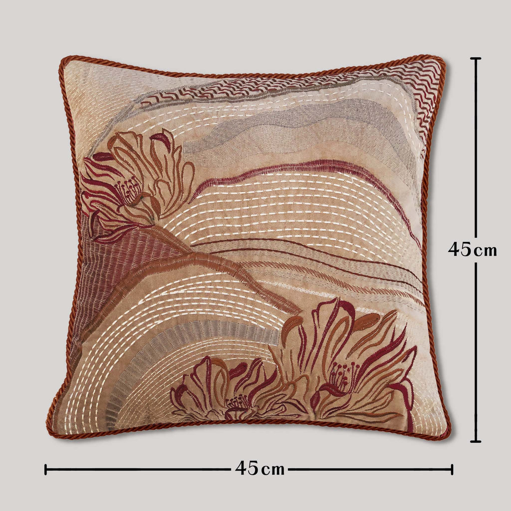 Beige embroidered pillow cover showcasing abstract landscape embroidery art piece, luxury sofa pillow for refined living room decor.