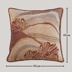 Beige embroidered pillow cover showcasing abstract landscape embroidery art piece, luxury sofa pillow for refined living room decor.