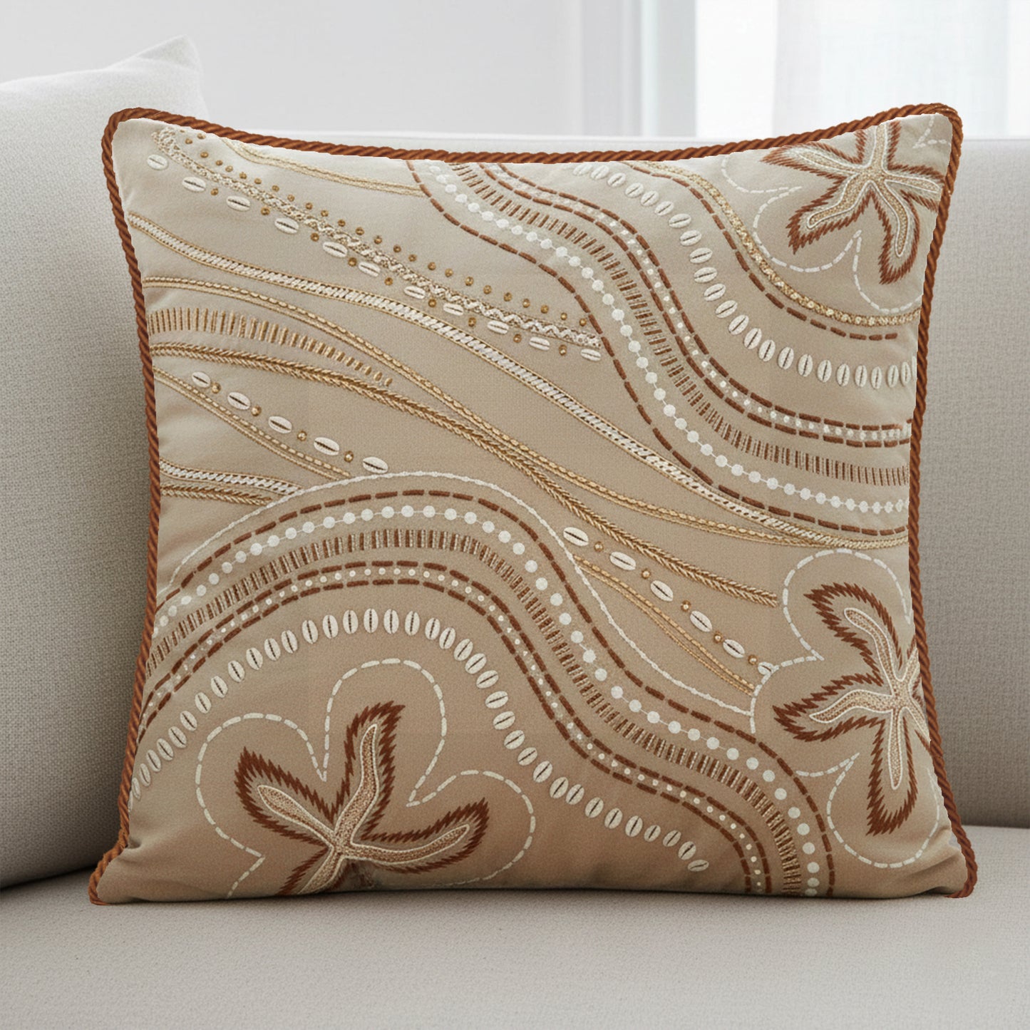 Embroidered Starfish Design Velvet Cushion Cover Wave Pattern Details Coastal Home Decor Beach Theme Styling Nautical Accent Piece Premium Quality Construction Beige Color Scheme Ocean Inspired Motif Living Room Accessory Soft Texture