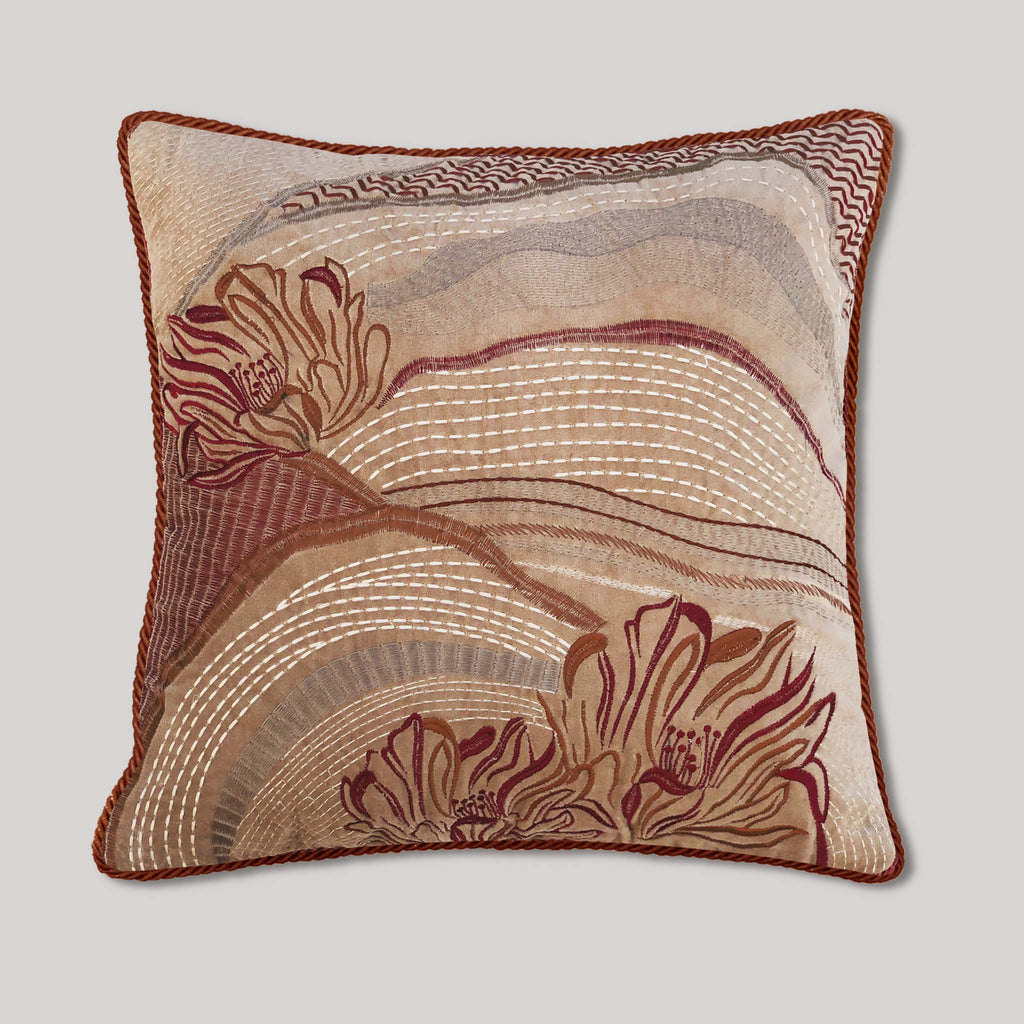 Embroidered pillow cover with abstract landscape floral embroidery in beige velvet, handmade textile art accent pillow for living room decor.